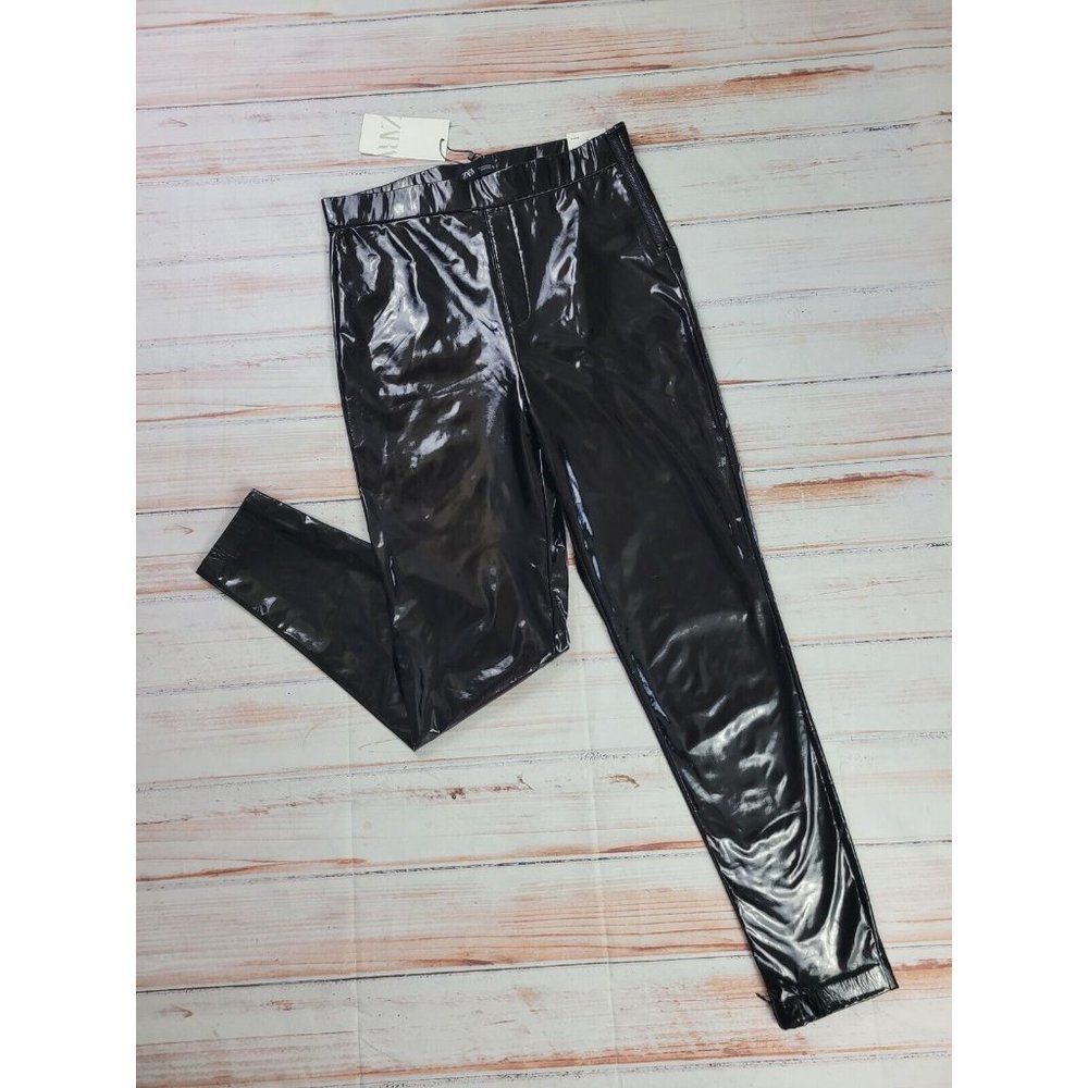 Zara Woman Faux Leather Shinny Vinyl Black Relaxed Fit Moto Biker Pants Size L - Picture 2 of 11